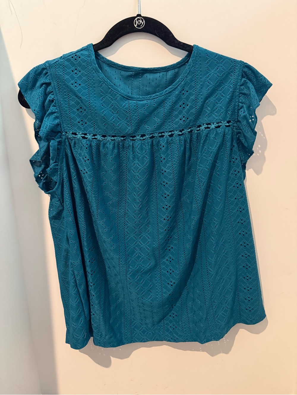 SHEIN Frenchy Eyelet Embroidery Ruffle Trim Round Neck Lace Trimmed Tee- NWT